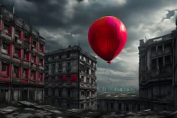 one red party balloon on sky over one little dark old city,, high realistic, storm, gloomy, surreal, ruins, professional photo, cinematic, utopistic