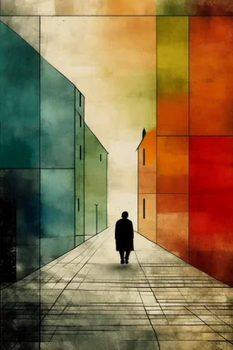 Man walks down empty street minimalist art in the style of Paul Klee with grunge heavy impasto textures