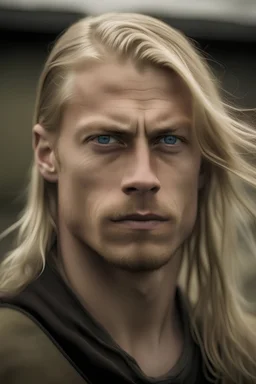 portrait of a handsome 30 year old Icelandic man, long blond hair, tall, ripped, strong, sportive, casanova