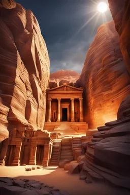 masterpiece Illustration, best quality, A ruined Sumerian Temple, hidden in a canyon wall , debris scattered near entrance, Desert , Dark Canyon with Light rays from above , Style of 'Petra', Cinematic Scene, Volumetric lighting ,16k, UHD, HDR,