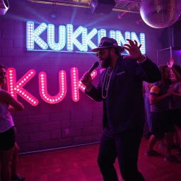 MR Kukrunk is Benny and DJ Roy in a disco, dancing, "Kukrunk" on sign wall, disco light, strobe, disco ball, dancing people