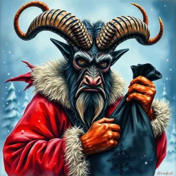 Watercolor oil paint. Medium shot. A Burtonesque Krampus wears a tattered dark red outfit with dingy white fur trim. He looks directly at the viewer holding an empty black Santa sack. Winter background. Caption reads "Krampus commands you to get in the sack." Hyperrealistic splash art concept art. Intricately detailed. Vibrant color depth. Dramatic 2/3 face angle. Side lighting. Colorful background. masterpiece, best quality, 8k, intricate, trending on artstation.