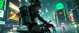 cyberpunk space city, in valley, close up on A space pirate priest rogue cowboy girl biker with disco ball rocket shooting sparks backpack named Daisy started doing the splits, Blew a fuse in his hips and short-circuited his bits, The Martian fluffy gremlins went wild, the Plutonians dogs screamed, Even black-and-white aliens turned ultraviolet green! in the style of fallout 4 and HR Giger, background motion blur , and volume fog spot lights