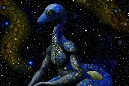 An indigo galaxy with an alien queen designed in ancient Roman mosaics painted by Georges Seurat