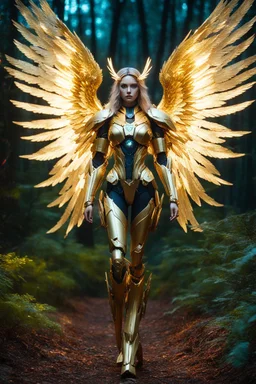 Front View night photography Beautiful Angel mecha,golden wings, in Magical Forest full of lights colors, Photography Art Photoshoot Art Cinematic Soft Blur Colors - on walking Dramatic Pose