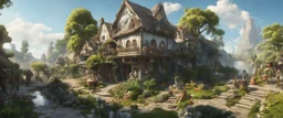 a beautiful surreal sunny countryside market scene with distant hills, many conjoining intricate characterful dwellings & clock-house (designed by Esher & Dali), many paths & walkways & stairways, waterfalls & a waterwheel : ultra high detail, photorealistic, epic cinematic, 8K, Large depth of field