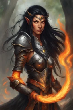 eladrin druid with jet-black hair ablaze, her eyes glowing like fierce flames while she conjures fire with her hands. The flames seem to dance within her half-braided, cascading hair, creating an aura of elemental power. Clad in minimalistic armor, she channels magic and fire, a prominent scar on her face showcasing battles fought. Tanned skin accentuates her commanding presence, embodying strength and elemental mastery in a blaze of intensity.