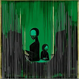 Negotiating dream frequencies culvimating in a fetal absurdity, by Gabriel Pacheco, by Colin McCahon, ink illustration, Green and black color scheme, unsettling abstract art, sketchy