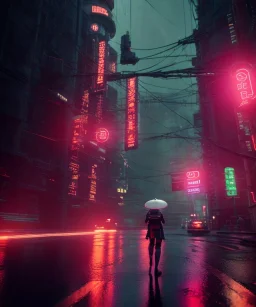 circular white moon, 3D, beautiful, light reflecting, empty city, midnight, rainy night, neon, cyberpunk, person walking with helmet on