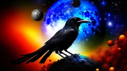 Crow in a space an the background of planets, souls, tree of life