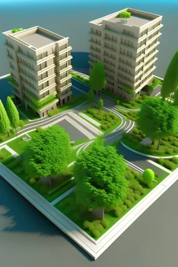 create a 3D view of a corner of a city, in which you can see modern buildings, 15 meter wide roads with internal planters, central planter on the roads with trees, lighting on the sidewalks