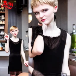 Russian boyish boylike female figure guy short man's haircut men's face boyish features in black girlish lacy cocktail dress earrings in restaurant