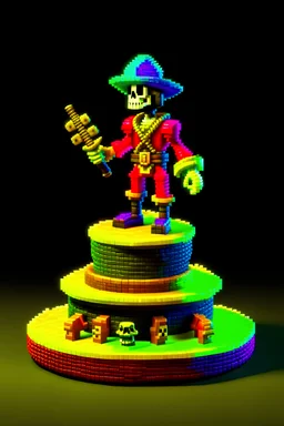 An pixel fantasy 3d model of a mini figure collectiables standing on a round podium: "PixelPirateWraith": A swashbuckling ghostly pirate, complete with pixelated peg leg, spectral parrot, and a treasure chest that emits a faint glow.