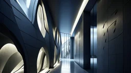 Corredor curvo de continuidad orgánica con aberturas biomórficas en las paredes que enmarcan la luz exterior. La secuencia espacial progresa a través de planos superpuestos y una escalera diagonal que conecta niveles. Materiales crudos de hormigón expuesto contrastan con la transparencia del vidrio y la oscuridad de las sombras proyectadas. La escenografía lumínica convierte cada vacío en protagonista, generando una narrativa visual fluida. Organicidad geométrica, brutalismo elevado a gesto poét