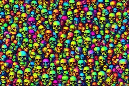 a field of 1000s of psychedelic anatomically correct, skulls, vivid RANDOM BRIGHT neon colors, dark comedy, well lit, high detail, photorealistic, horrorcore, fun, scary, none featured, each a different color or hue,