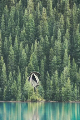 alien building on a lake shore with fantasy trees and rocks