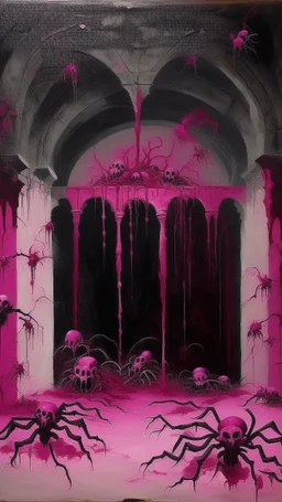 Purplish fuchsia catacombs with spiders designed in Mayan architecture painted by Clyfford Still