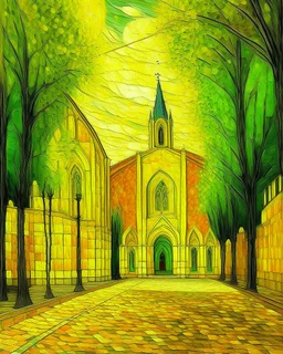 A yellow cathedral of light in daytime painted by Vincent van Gogh