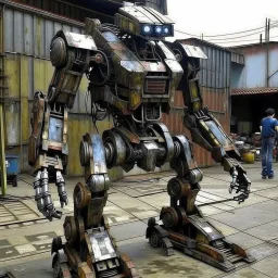 trash mech suit, human sized, made of scrap metal