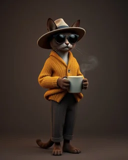Cool Dude. slender sophisticated Oriental shorthair Siamese chocolate point cat cat standing upright on two legs wears a chunky mustard knit cardigan, patterned trousers and a wide-brimmed felt hat, cradling a steaming ceramic mug in one paw with supreme nonchalance. Exaggerated long whiskers and circular dark sunglasses complete the effortlessly cool ensemble. Full-body photorealistic 3D character render against a moody warm-grey studio background with dramatic side light