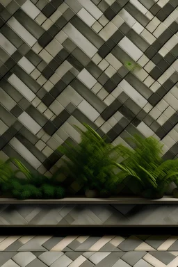 Wall tiles with a herringbone pattern made from concrete and moss.