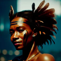 A beautiful portrait of a cyberpunk black tribal woman with lot's of grain on her skin and tribal tatoos, with natural hair floating in the wind cyborg smiling facing camera orange color scheme, high key lighting, volumetric light high details with white stripes and feathers unreal 5, octane render, cinema4d, dynamic lighting, dramatic lighting, 4k, redshift render, highly detailed, hyper realistic