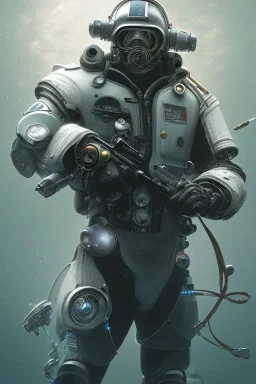 diver like a cyborg,with the gun,hi quality detail,hi quality textures,cinematic,realistic,aggressive,cosmic