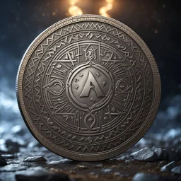 a silver coin called a moon standing on edge. a silver moon in the middle. ancient viking runes. flat coin. show one whole coin front on at a distance. fantasy concept art, exquisite realism, a masterpiece, dynamic lighting, hyper detailed, intricately detailed, deep color, Unreal Engine, volumetric lighting , Epic cinematic brilliant stunning intricate meticulously detailed dramatic atmospheric maximal,