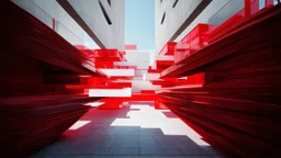 Surreal Art of Futuristic surreal image of Surreal and brutalist architecture of colored glass, concrete and steel, in reds, whites and blacks. Inhabited,Theme brutalism,Subject inhabited towers,Color Palette reds,whites and blacks,Composition stacked volumes,Imaginary World inhabited slabs,Surreal Elements levitating structures,Perspective interior-wide shot,Mood quiet tension,Symbolism conscious shelter
