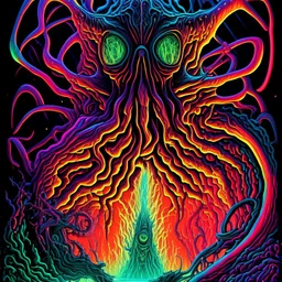 Exponential decay Cthulhu shift, surreal, by Victor Valla, acid wash mind-bending illustration; asymmetric, warm neon colors, dark shine burn, atmosphere guided by N(t)=N0​⋅e−kt