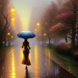 Painting of a Woman Walking in the Rain with an Umbrella, American Romance Painting, 4K Matte Thomas Kinkade, Thomas Kinkade, by Thomas Moran, inspired by Michael Komarck, ( ( Thomas Kinkade ), Thomas Kinkade, Thomas Kinkade, Thomas Kinkade Style, Thomas Kinkade Painting, Spring Eve, by Thomas Kinkade