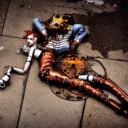 Rusty female steam punk cyborg laying in the streets near trash sad and lonely, crying,suit is falling apart,neon lights,Tim Burton,sexy, beautiful, glowing,