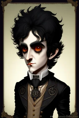 black haired black eyed young man necromancer steampunk Gnome that looks like a young Edgar Allan Poe with gothic jewelry in the style of Charles Addams