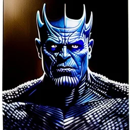 Ultra detailed fullbody Portrait in oil on canvas of Night king merges with Thanos,intense stare,extremely detailed digital painting, extremely detailed face,crystal clear Big eyes, mystical colors ,perfectly centered image, perfect composition, rim light, beautiful lighting,masterpiece,8k, stunning scene, raytracing, anatomically correct, in the style of robert e howard and Ken Kelley and Ohrai Noriyoshi and Simon Bisley and tomzj1