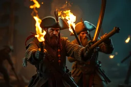 bad ass nerd swashbuckler pirates fighting with torches in the night decapitating like crazy in the style of Fallout 4 , bokeh like f/0.8, tilt-shift lens 8k, high detail, smooth render, down-light, unreal engine, prize winning