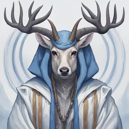 Portrait of a deer sith with four horns, wearing blue and white robes and a hood