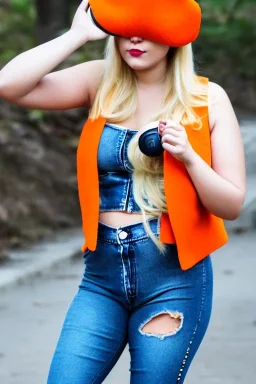 blonde taking selfie.thick thighs,thick calves,flat belly,curvy fell. New kind of bolero is sewed of upcycled Denim, which condescend. It is sewed together of camouflage pieces, whose color are all denim colors, orange, cream and purple. Big colored headphones (gold rings!) is merged with small felt cap with small visor. It is with big bright purple felt tippet and birght-colored-hood is merged with colorful beanie. Style: Haute Couture, 1980's Finland, N.Y.C fashion in 2023