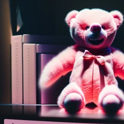 pastel pink teddy bear sitting on a store shelf alone, sad, dusty