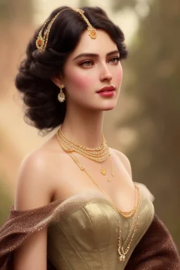 long shot beautiful and gorgerous duchess with incredible jewellery in 19th century clothing by Greg Rutkowski and Artgerm and Emile Vernon and Vladimir Volegov, in a brown dress, mystical castle background, art illustration, natural beauty, muted colors, pastels, perfect fingers, higly detailed, expressive, high detail, symmetrical, digital painting, symmetrical eyes, dynamic lighting, artstation, cinematic lighting, intricate artwork, emitting diodes, smoke, artillery, sparks, racks, system u