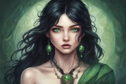 Junge Frau mit schwarzen Haaren, grünen Augen und sinnlichen Lippen mit schüchternem Blick mit kleinem Amulett, im Fantasystil gezeichnet. Sie sitzt in einem magischen Baumhaus mit wurzeln
