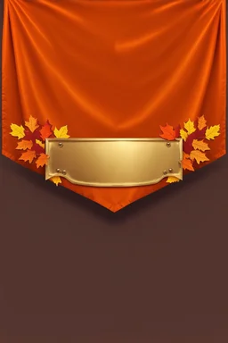 an autumn colored cloth banner hanging with embroidered ornamental leaves, blank brass engraving plate in middle, banner is downward pointed bottom, on dark background