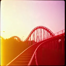 kodachrome of a roller coaster, evening light, relaxing, vintage, pink and yellow