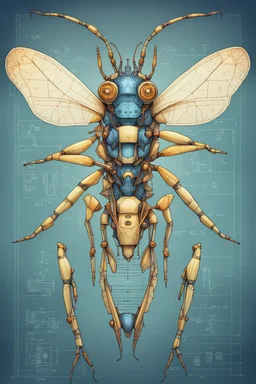 Hand drawn technical illustration , with detailed blueprints and engineering schematics of a robotic hybrid walking leaf insect girl, with highly detailed facial features, drawings, and technical notation, 8k, vibrant natural colors