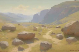 sunny day, rocks, mountains, videogame influence of need for speed 3, emile claus and gustave wappers impressionism paintings