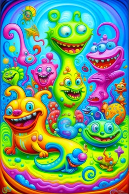 Lowbrow Pop Surrealism , A Whimsical high energy happy 1950’s Transparent Gelatin Animal Mascot Character parade, Oil Painting by Kenny Scharff