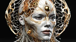 3D rendering of a head of an impressively detailed and complex hyper-realistic "human anatomy": scientific, single object, glossy white, shiny gold, vines, tribalism, black background, shamanism, cosmic fractals, octane rendering, 8k post-processing, detailed metallic bones, dendritic, artstation : Award Winning: Professional Portrait: Atmospheric: Commanding: Fantastic: Clarity: 16k: Ultra Quality: Astounding: Shine: Stunning Colors: Stunning Depth