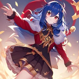 Clear focus, High resolution, rough line art, cute, cartoon, medium blue hair, hair between eyes, fluffy hair, red eyes, super cool outfit with a split skirt, black red and gold color scheme, wearing a skirt