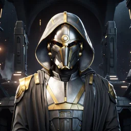 star wars bald male corellian pilot wearing pearlescent black and gunmetal grey First Order special forces heavy assault armor and helmet with gold trim inside the jedi temple, centered portrait, hyperdetailed, dynamic lighting, hyperdetailed background, 8k resolution, volumetric lighting, light skin, fully symmetric details