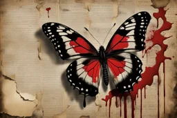 a bleeding black butterfly is nailed to an old dirty wall, red blood flows from the butterfly's wings and body, old yellowed torn newspaper clippings, dirty fingerprints, cracked old grayed white paint on the wall, intricate details, sharp focus, filmy , surreal, frighteningly beautiful, perfect composition