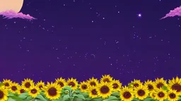 purple sky full of stars, sunflower field, anime